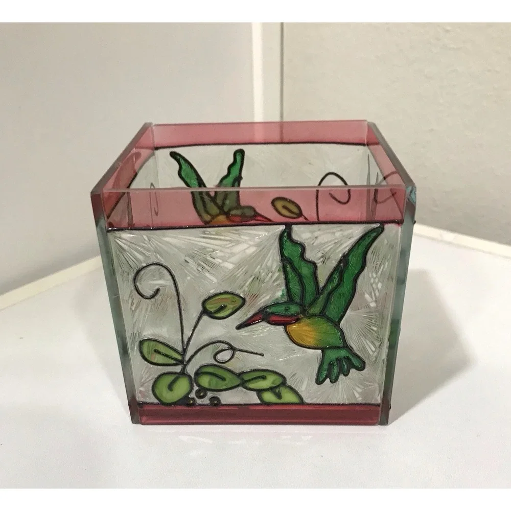 Glass Votive Hand Painted Hummingbird Flowers 3